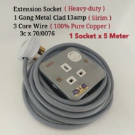 Extension Socket Heavy-Duty 13amp 1 Gang Metal Clad Switch Socket Wire 3 Core 70/076 X 5 Meter 100% 