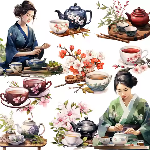 12Pcs/Pack Japanese Tea Art Sticker DIY Craft Scrapbooking Album Junk Journal Decorative Stickers