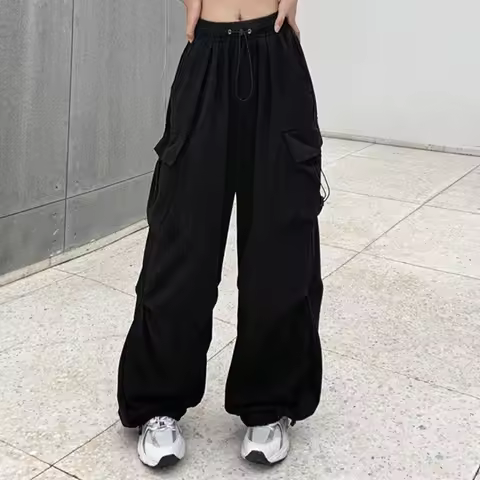 2024 Women Casual Joggers Tech Pants Solid Low Waist Pants Drawstring Wide Leg Baggy Trousers Y2k St