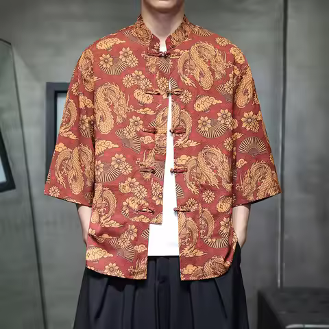 Chinese Style Traditional Shirt Tang Suit Kung Fu Costume Jacket Dragon Man Stand Collar Tops Summer