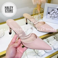 Guốc sục nude HALEY STORE cao gót 7cm mũi nhọn quai trong suốt mika da bóng tiểu thư tiệc cưới cô dâ