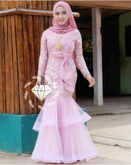 Gaun dress brokat duyung muslimah baju pesta elegan mewah terkini 2021