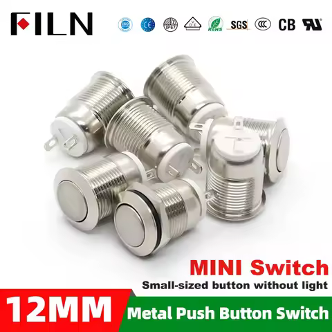 FILN 12mm Momentary Push Button Switch 12V Waterproof Power Pushbutton Small Round Chrome Stainless