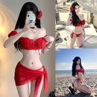 ชุดว่ายน้ำผู้หญิง เซ็กซี่ บิกินี่+ผ้าคลุม ผูกเอว ชุดสูทสีแดง bikini sexy#0309