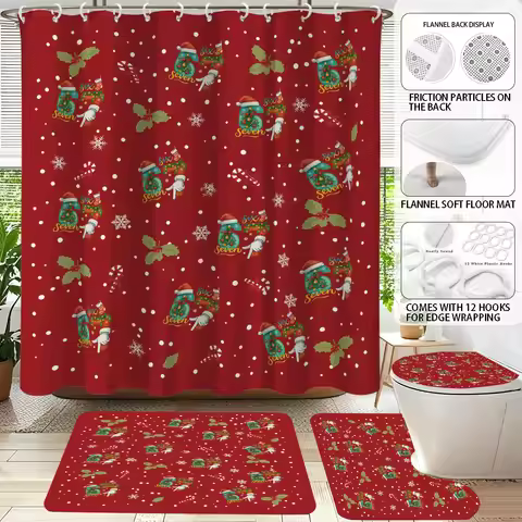 4pcs Merry Christmas 67 elements red print waterproof privacy shower curtain with 12 hooks toilet ma