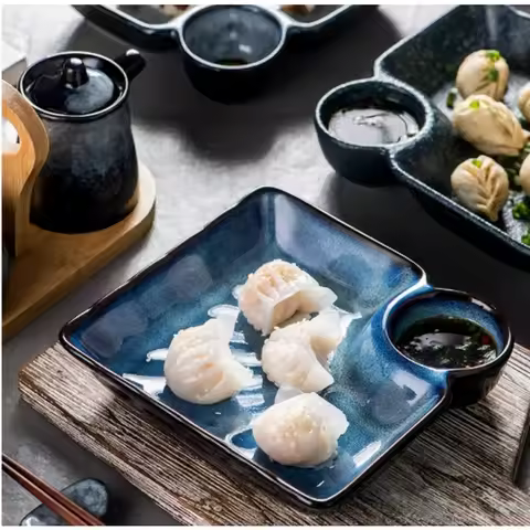 Japanese Dumpling Plate with Vinegar Plate Ceramic Tableware Simple Creative Home Divided Sushi Load