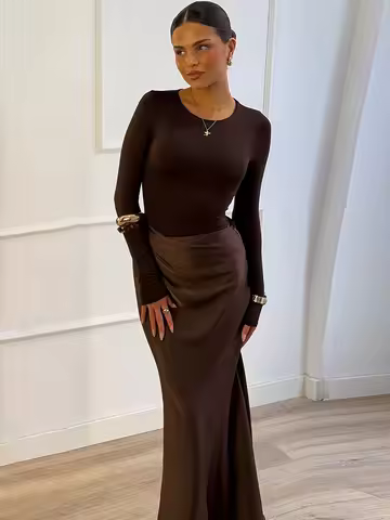 JULISSA MO Patchwork Satin Long Sleeve Women Maxi Dress Brown Round Neck High Waist Dress Winter New