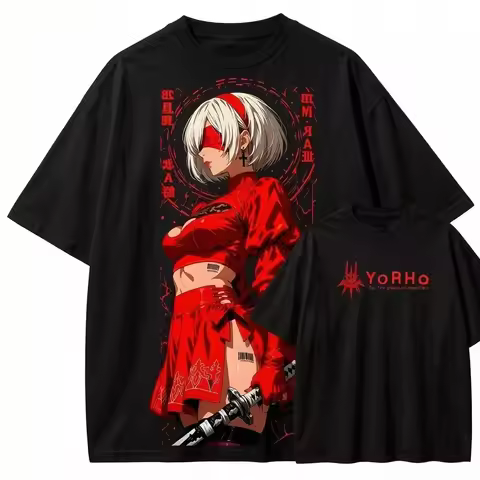 2026 summer Anime NieR Automata 2B Oversized T-shirt, Red Samurai Waifu Print Casual Streetwear Blac