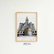 New Rmake Kaaba & Makkah Sketch Painting Clock Royal Tower Minimalist Black White and Gold | ARTISTL