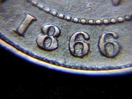 1866年香港(British Hong Kong)一仙(ONE Cent copper)銅幣(英女皇維多利亞歌德式像 Gothic Version Queen Victoria)