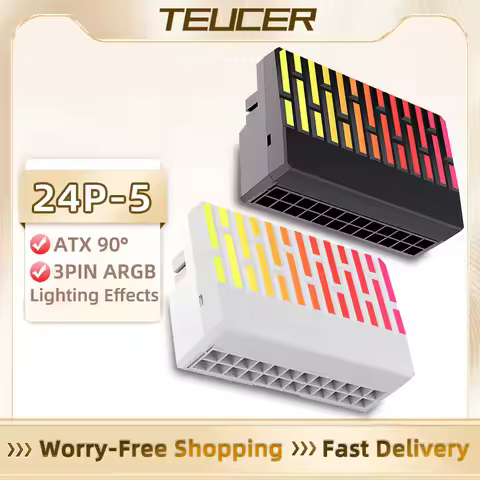 TEUCER 24P-5 ATX 24Pin 90 Degree Power Plug Adapter 5V 3 Pin ARGB Power Connector Aura Sync for Desk