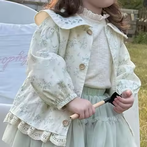 Baby Girls Autumn Sets New Peter Pan Collar Flower Printed Coat+knitted Long Sleeves Top+Mesh Skirt