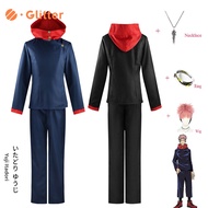 Anime Jujutsu Kaisen Cosplay Costume for Adult Men Itadori Yuji Black Blue Hoodie Jacket Pants Pink Short Wig Necklace Ring for Man Party Set Uniforms