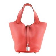 二手愛馬仕 Picotin Lock 18 PM 手袋，採用 Taurillon Clemence Rouge Pivoine 皮革，法國製造，2012 年，粉紅色，銀色金屬配件。附腰帶，適合女士使用