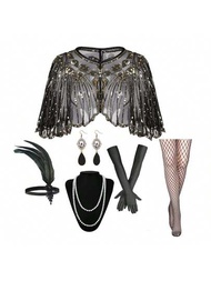 6入組1920年代盛行的蓋茨比風格女式配件套裝,繽紛的鳥羽飾頭飾,珍珠項鍊,絲襪,耳環和長手套