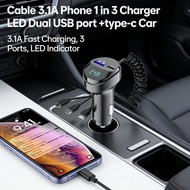 Phone Charger 3 in 1 Cable Dual port USB + type-c port Car Charger LED Digital Display 3.1A