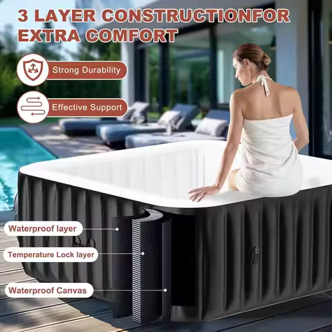 73"x73"x25" Square 4-6 Person Inflatable Hot Tub,130 Bubble Jets,Large Portable Outdoor Spa Set, Cus