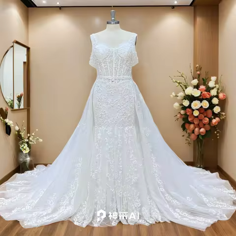 Hire Lnyer All Appliques Lace With Full Beads Shiny 2 Pieces Mermaid Wedding Dress With Detachable T