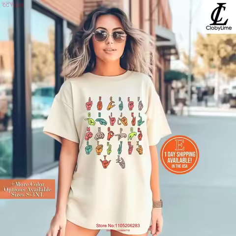 Sign Language Alphabet For ASL Interpreter Deaf Teacher Stud T Shirt Hand Learning vintage Washed Br