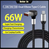 Dual Bend USB to Type C Data Cable 66W braided fast charging type c car charger cable 3M/5M Ultra lo
