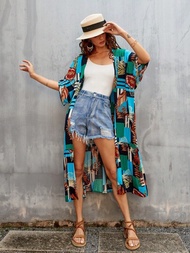 Vestido de playa holgado informal de verano para mujer, pareo de bikini veraniego casual suelto, kimono de playa con estampado de hojas multicolor y cinturón de lazada de bloque de color