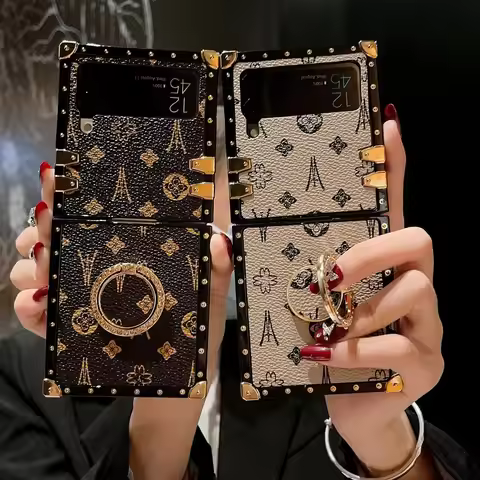 Retro PU Leather Flower Square Phone Cover For Samsung Galaxy Z Flip 4 5 6 Case Punk Shockproof For 