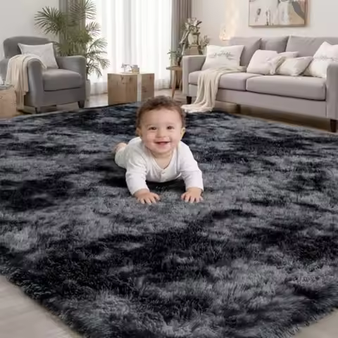 Area Rug for Living Room Bedroom: 9x12 Black Grey Soft Fluffy Shag Upgrade Non-Slip High Pile Carpet