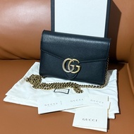 GUCCI 古馳 GG Marmont WOC黑色皮革翻蓋錢包鏈式風琴包側背包