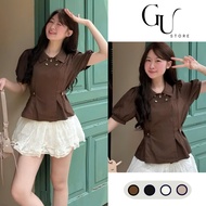 Women's Shirt Puff Sleeve Peplum Waist Turn-down Collar Buttoned Vintage Korean Style GU STORE