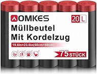 AOMKES Bin Liners 20 L with Drawstring Black Bin Bags Pack of 75 Rubbish Bags with Drawstring Kitche