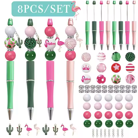 8PCS/16PCS Flamingo Animal Themed DIY Bead Ballpoint Pen Acrylic Bead Pendant Set, Paired with Flami
