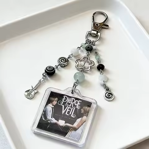 Pierce The Veil Album Cover Keychain Beaded Emo Punk Bag Charm with Guitar Pendant Grunge Y2K Aesthe
