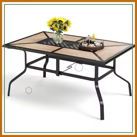 Outdoor Dining Table for 6, Rectangular Metal Wrought Iron with Polywood Top and Umbrella Hole, Heav