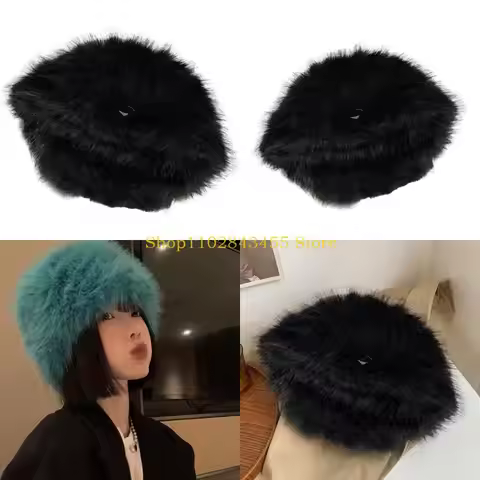 49MC Fuzzy Bucket Hat for Women Furry Furs Bucket Hat Winter Warm Plush Fisherman Cap
