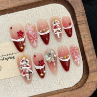 Handmade Almond Shaped Nail Tips In Y2K Red Christmas Style & 3D Christmas Tree & Hand Painted Snowf