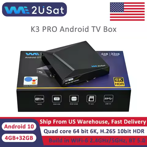 Android 10.0 TV Box 6K HDR 4GB+32GB We2uSat K3 Pro Smart Set-top Box Build in WiFi-6 2.4GHz/5GHz BT 