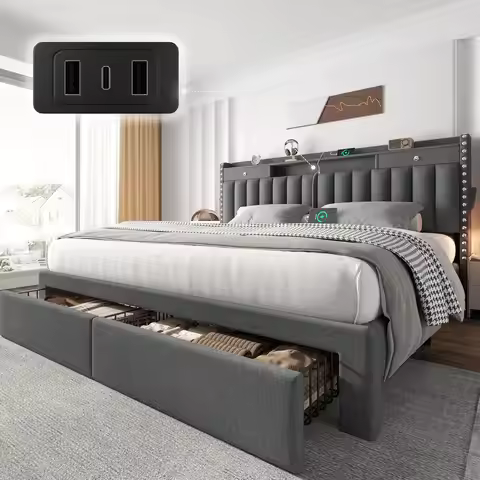 King Size Bed Frame with 4 Storage Drawers, Upholstered Platform King Bed Frame and Headboard, 3 USB
