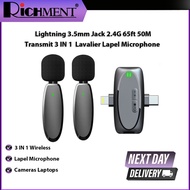 Type-c Lightning 3.5mm Jack 2.4G 65ft 50M Transmit 3 IN 1 Wireless Lavalier Lapel Microphone with Ca