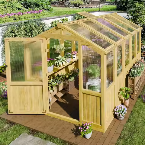 6x8 FT Wood Greenhouses for Outdoors Heavy Duty, Walk in Polycarbonate Greenhouse for Outside Backya