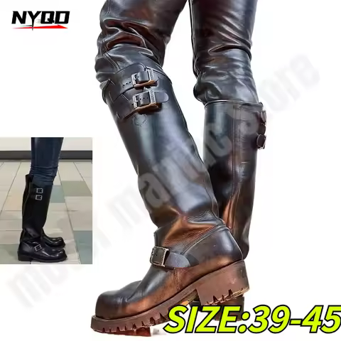 Retro Men Motorcycle Knee High Riding Knight Boots Versatile Engineer Boots Long Boots Buckle Strap 