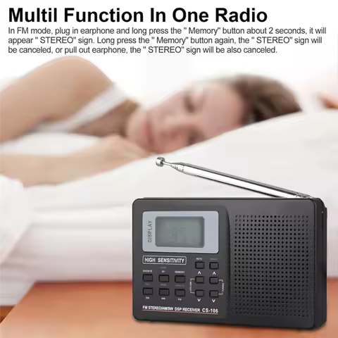 ABAC-Mini Radio FM/AM/SW/LW/TV Sound Full Band Receiver Pocket Portable Alarm Clock Stereo Radio Wit