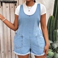 Plus Size Denim Jumpsuit, Casual Vacation Wide Leg Overall Shorts, Blue Summer,Vacation Outfits Woma
