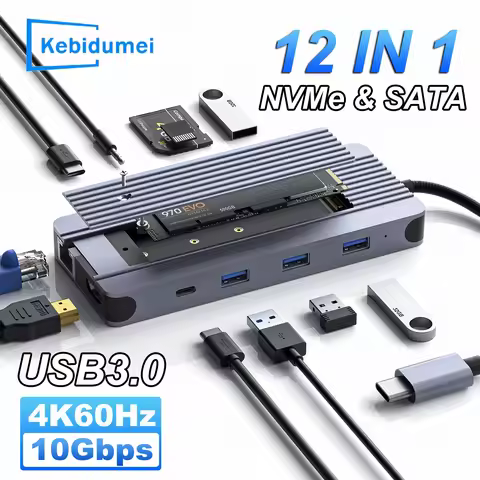 12-IN-1 USB Hub Hard Disk Enclosure Docking Statio M.2 NVMe SATA SSD Dual Protocol Type C to HDMI 4K