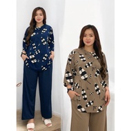HJ27WS Latest Women's Suit LD 120 cm Full Print Motif Oval Top 3/4 Sleeves and Long Pants Oneset Mus