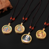T Tangka Golden Round Double-Sided Manjusri Green Tara Amitabha Zodiac Necklace 9.15