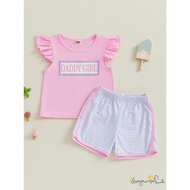B935G-Toddler Girl Summer Outfits Letter Embroidery Fly Sleeve Tops Elastic Waist Shorts 2Pcs Clothe