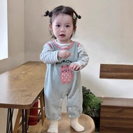 Baby Girl Suit Autumn Korean Version Baby Western Style Super Cute Striped T-Shirt Strap Jumpsuit Au