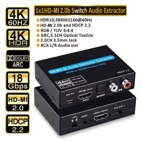 4K 60Hz HDMI 2.0 Audio Extractor Support 5.1Ch HDMI2.0b HDMI to HDMI Audio ARC Switch With Audio Lin