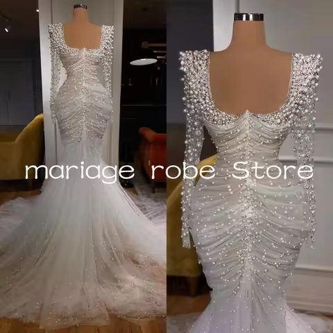 Luxury Bridal Gowns Pearls Beaded Mermaid Wedding Dress See Through Long Sleeve customized Bride Dre