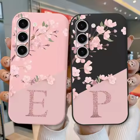 A25 Initial Letter A Z Case For Samsung Galaxy A25 5G Cover Pink Flowers Soft Silicone Back Funda Fo